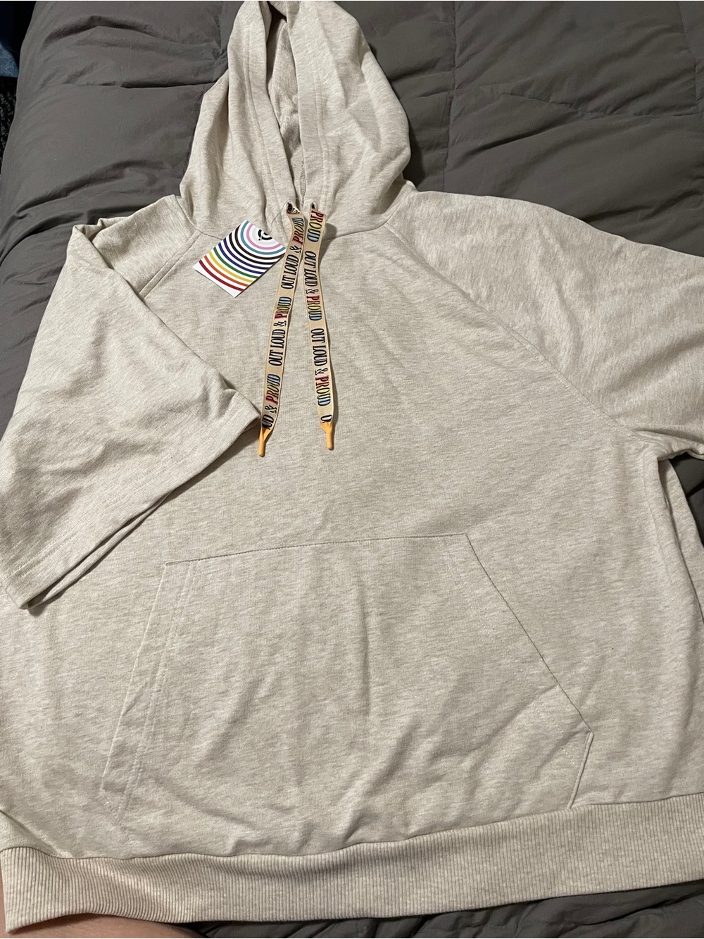 NWT Pride Mens/Womens Short Sleeve Hoodie Gray Sweatshirt/Out Loud & Proud laces